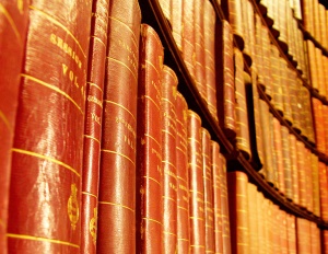 Image shows rows and rows of law books. 