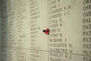 Image shows the names engraved on the Menin Gate, with a red poppy tucked between the stones.