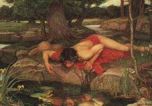 Image shows a painting of Narcissus gazing at his own reflection in 